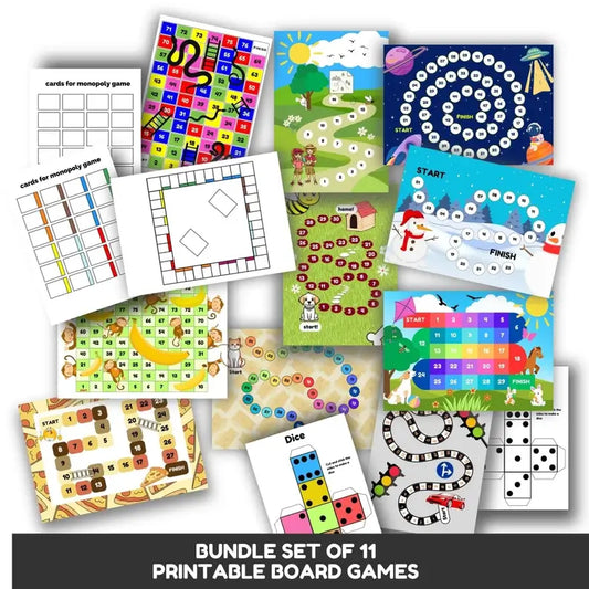 Printable Board Games Bundle for Kids – 11 Fun Game Templates with Dice