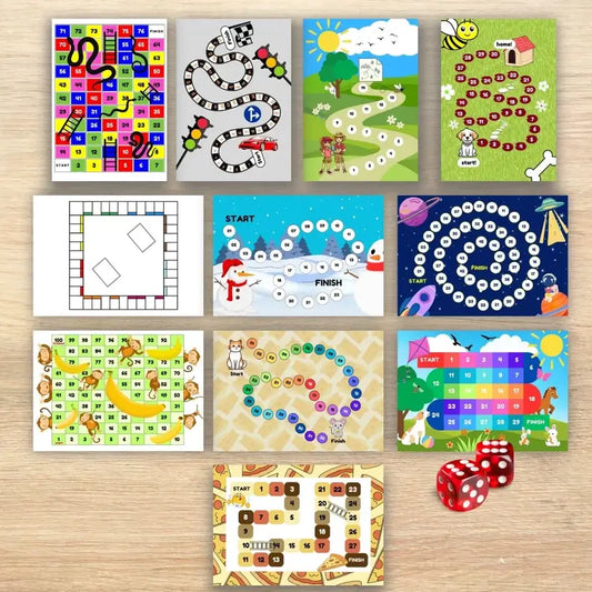 Printable Board Games Bundle for Kids – 11 Fun Game Templates with Dice