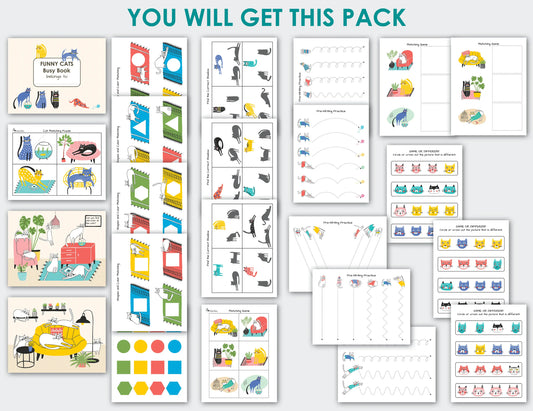 Toddler Busy Book – Funny Cats Themed Printable Learning Binder with Shapes, Colors, Pre-Writing & Matching Activities