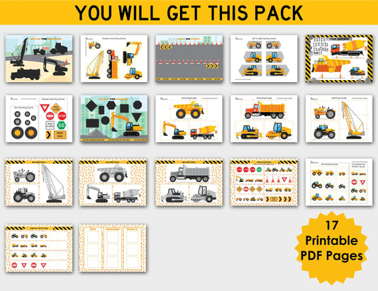 Construction Vehicle Busy Book – Printable Learning Binder for Toddlers & Preschoolers (17 Pages)