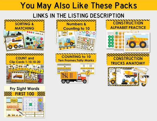 Construction Vehicle Busy Book – Printable Learning Binder for Toddlers & Preschoolers (17 Pages)