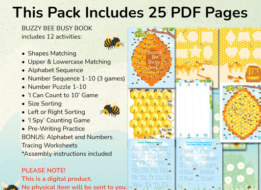 Honeybee Busy Book for Preschoolers – Pre-K Printable Learning Binder with Alphabet, Numbers & Games