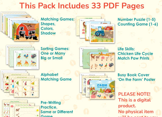 Farm Busy Book for Toddlers & Preschoolers – Printable Learning Binder with 34 Pages of Farm Animal Activities
