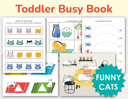 Toddler Busy Book – Funny Cats Themed Printable Learning Binder with Shapes, Colors, Pre-Writing & Matching Activities