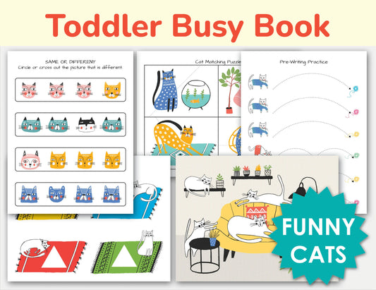 Toddler Busy Book – Funny Cats Themed Printable Learning Binder with Shapes, Colors, Pre-Writing & Matching Activities