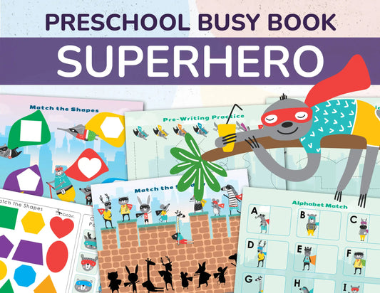 Superhero Busy Book – Printable Preschool Learning Binder with Shapes, Alphabet & Counting Activities | 24 Pages